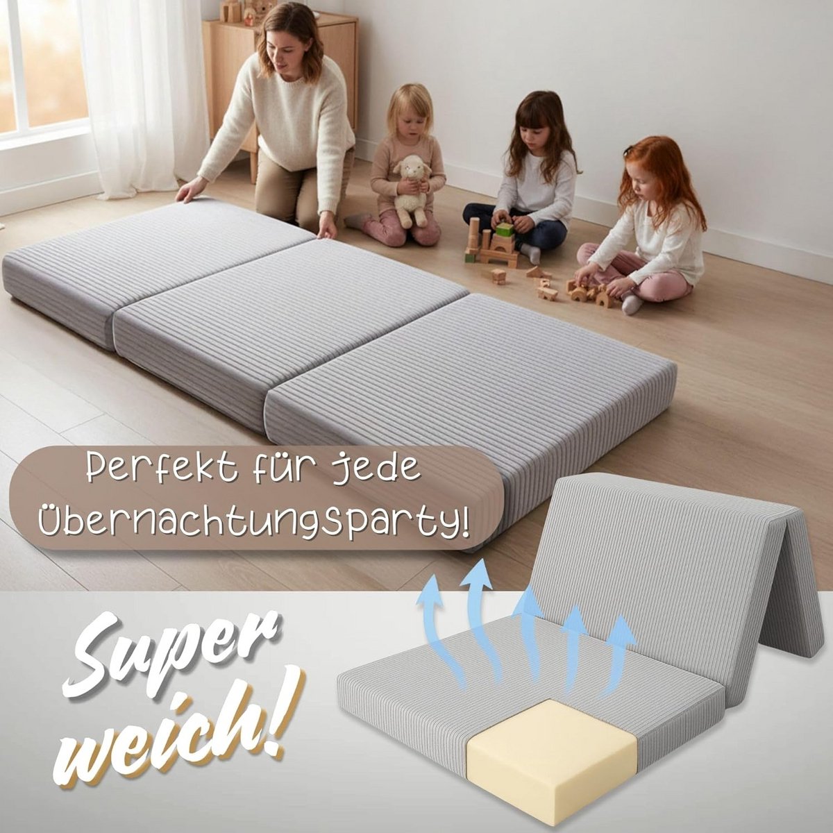 Opvouwbaar Logeermatras voor Kinderen en Reizen 65x195 cm Lichtgrijs