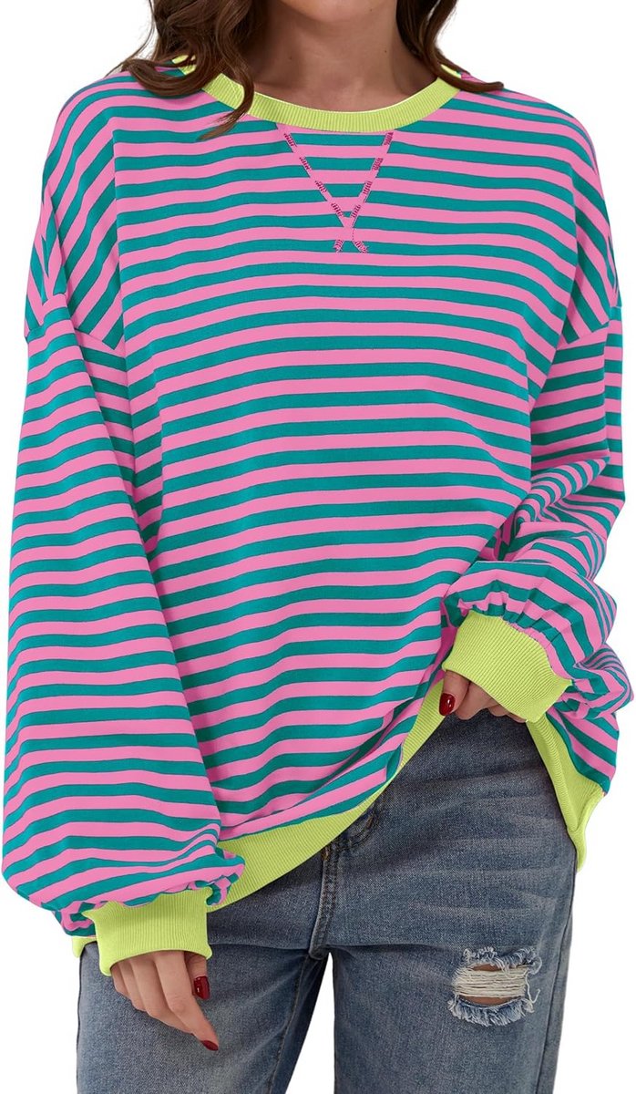 Dames Oversized Gestreepte Trui met Lange Mouwen en Ronde Hals