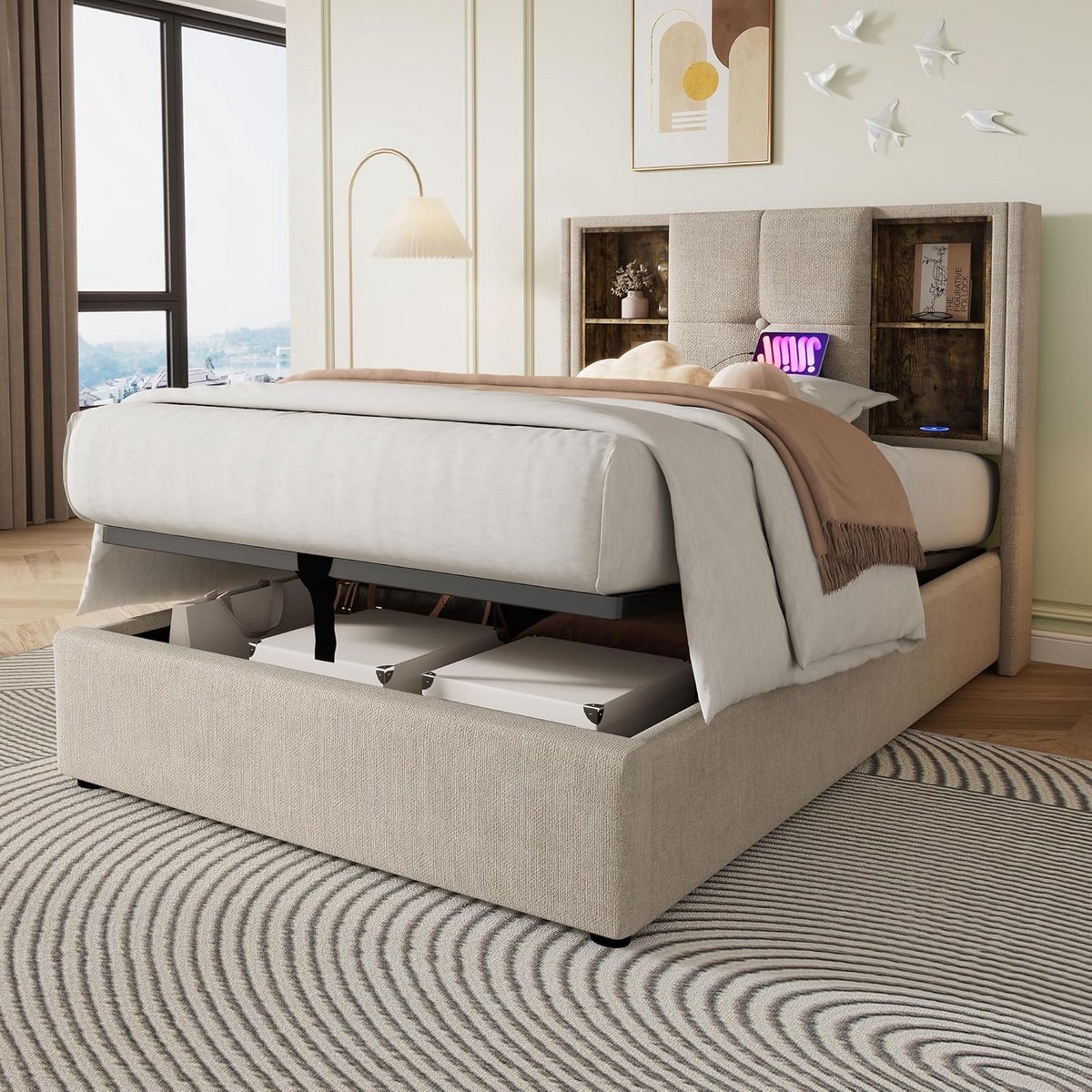Gestoffeerd Eenpersoonsbed met Opbergruimte, 90x200 cm, Houten Lattenbodem Inclusief, Beige