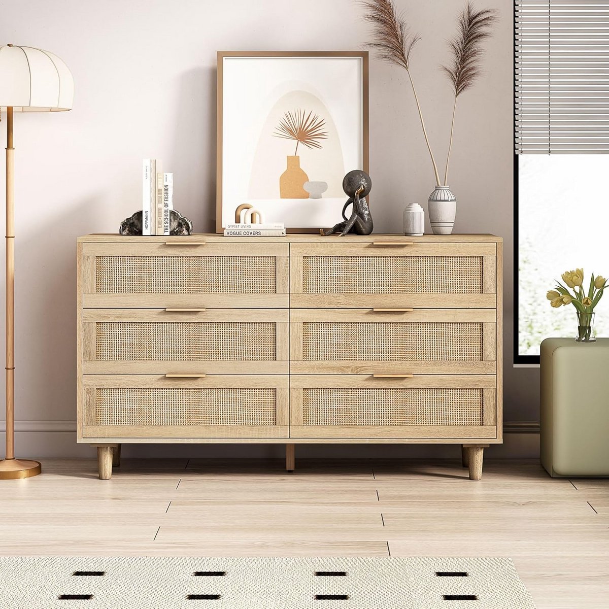 Lange Opbergkast met 6 Rotan Laden voor Woonkamer en Slaapkamer