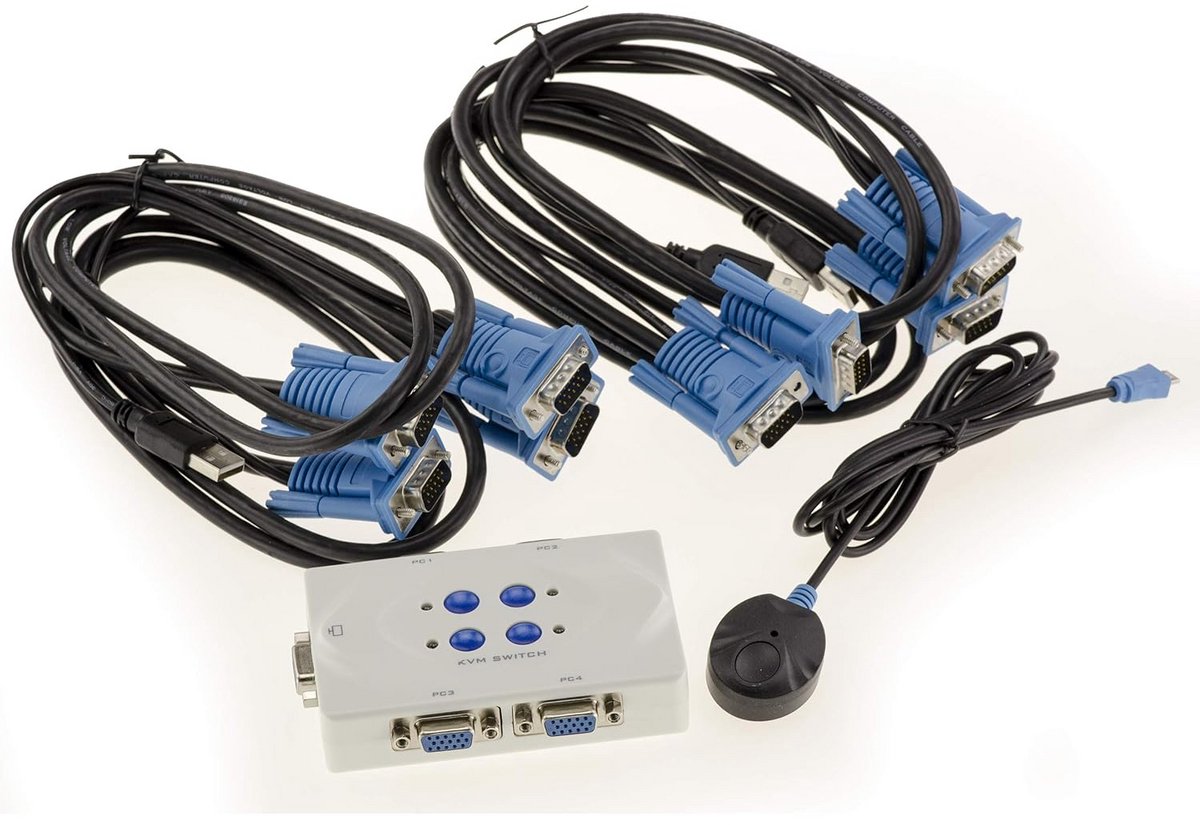 KVM Switch voor 4 PC's - VGA Monitor, Toetsenbord en USB Muis Bediening