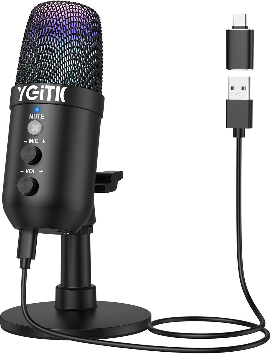 USB Microfoon voor PC en Laptop - 16bit/48kHz Condensatormicrofoon met Ruisonderdrukking en RGB Verlichting - Geschikt voor Streaming, Gaming, Podcast en Opnames (Mac/Windows/PS4/PS5 Compatibel)