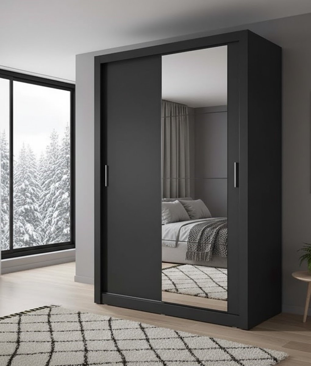 Luxe Moderne Zweefdeurkast AR-04 | Kledingkast met Spiegel | Schuifdeurkast Mat Zwart | Grote Garderobekast 2 Deuren | Hoogwaardige Opbergruimte | 150x215x60 cm House&Garden