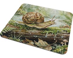 Muismat Slak op Mossige Boomstam Aquarel Series - Bos Natuur Print met Druppels, varens & paddenstoelen in Groene Herfstkleuren - Artistieke Bureau Accessoires & Uniek Cadeau voor haar: Vrouw Vriendin & Collega - Rustgevende Werkplek Decoratie