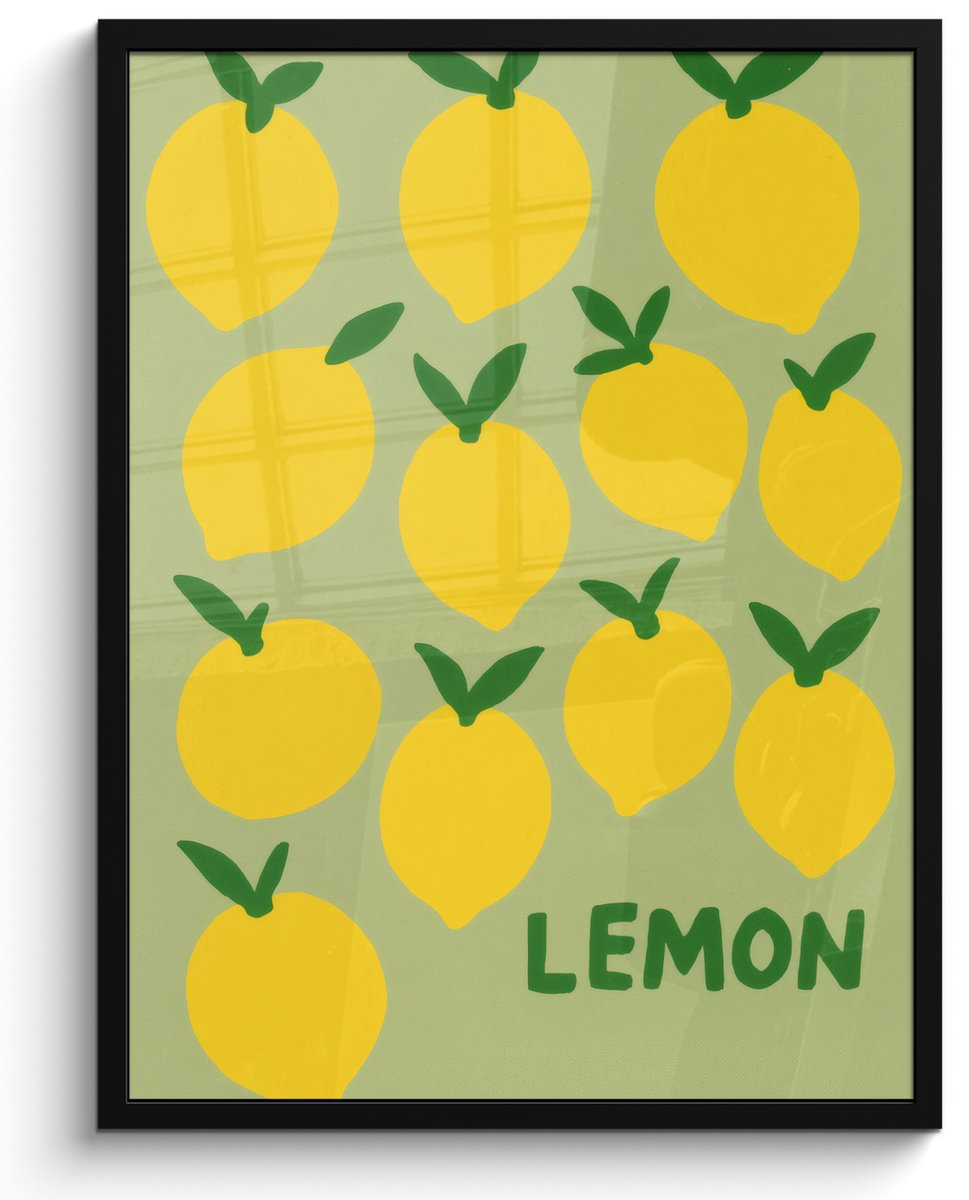 FrameYourWall Poster in lijst - Fotolijst 50x70 cm - Posters - Citroenen - Blaadjes - Geel - Patroon - Posterlijst zwart - Decoratie - Wanddecoratie woonkamer - Muurdecoratie slaapkamer