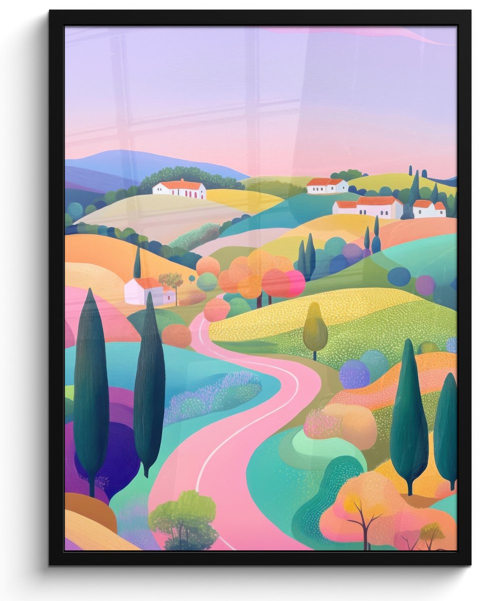 FrameYourWall Poster in lijst - Fotolijst 50x70 cm - Posters - Landschap - Paars - Pastel - Huizen - Posterlijst zwart - Decoratie - Wanddecoratie woonkamer - Muurdecoratie slaapkamer landschap - Pastel