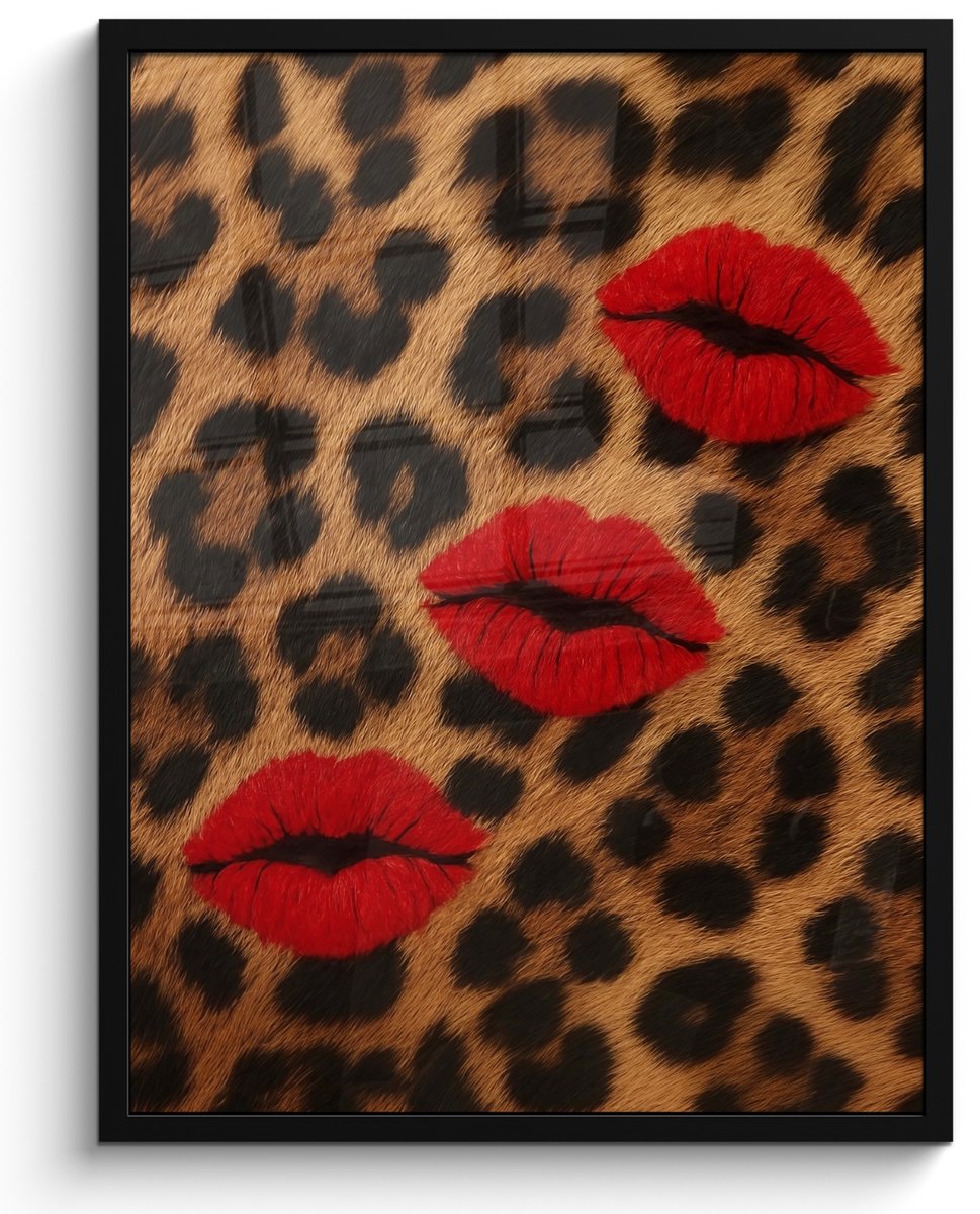 FrameYourWall Poster in lijst - Fotolijst 50x70 cm - Posters - Lippen - Drie - Rood - Panterprint - Posterlijst zwart - Decoratie - Wanddecoratie woonkamer - Muurdecoratie slaapkamer Lippen - Panterprint