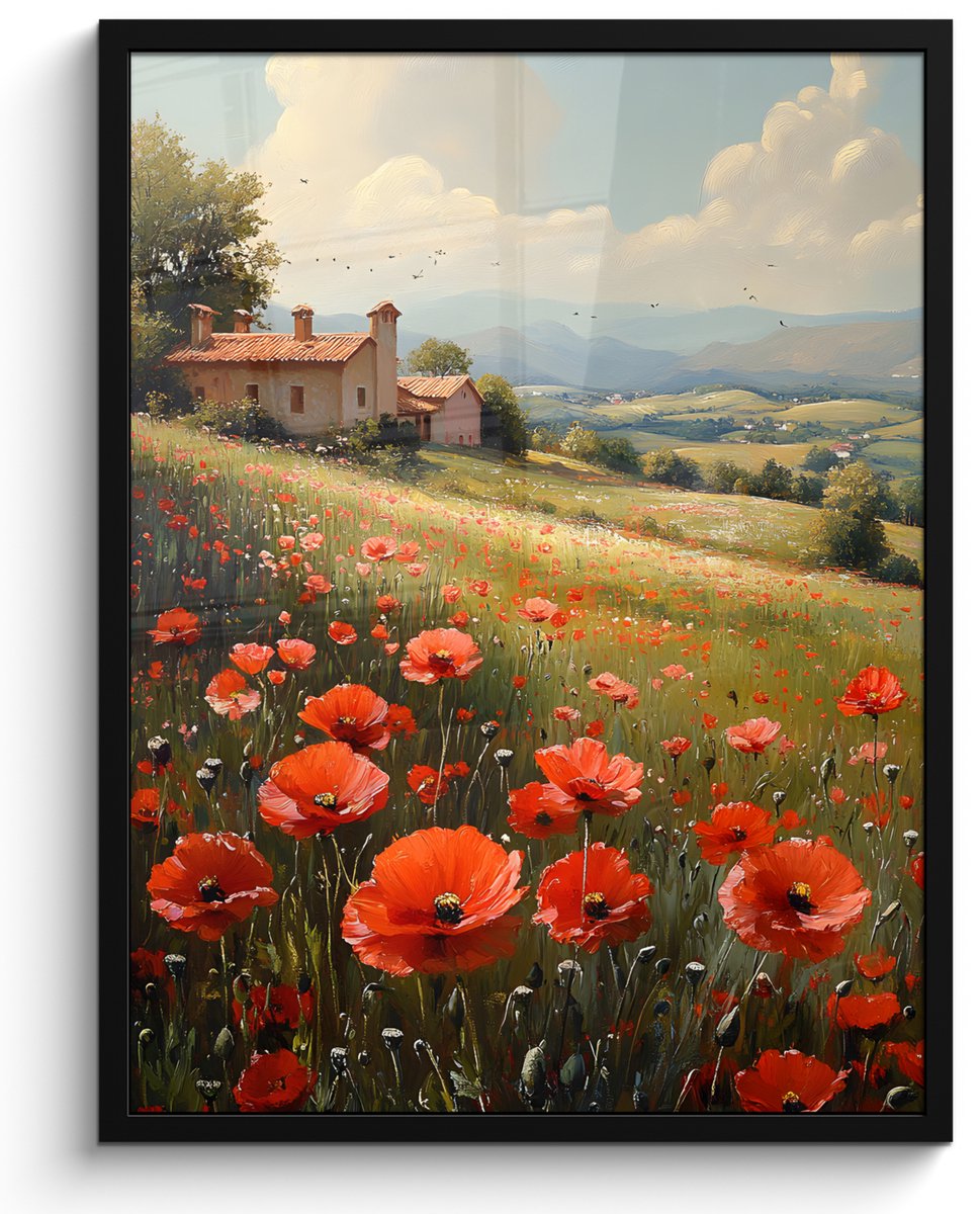 FrameYourWall Poster in lijst - Fotolijst 50x70 cm - Posters - Klaprozen - Rood - Heuvels - Landschap - Posterlijst zwart - Decoratie - Wanddecoratie woonkamer - Muurdecoratie slaapkamer