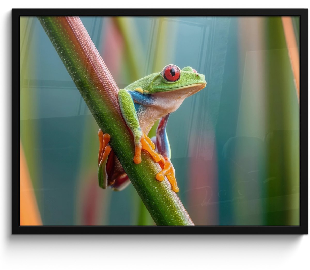 FrameYourWall Poster in lijst - Fotolijst 70x50 cm - Posters - Kleurrijke kikker - Groene stengel - Alert - Posterlijst zwart - Decoratie - Wanddecoratie woonkamer - Muurdecoratie slaapkamer Kikker - Kleurrijk
