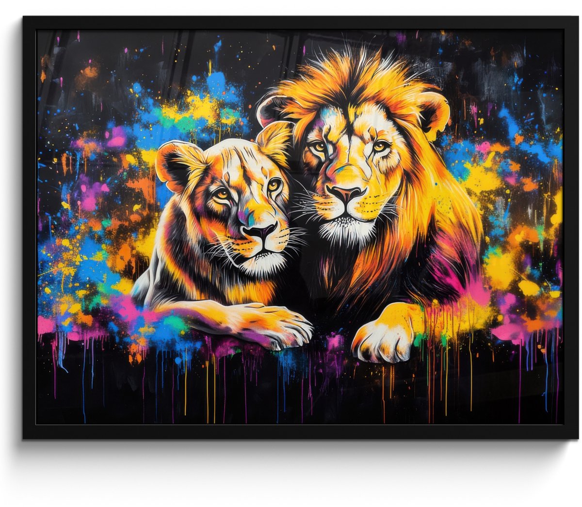 FrameYourWall Poster in lijst - Fotolijst 70x50 cm - Posters - Leeuwen - Schilderij - Kleuren - Posterlijst zwart - Decoratie - Wanddecoratie woonkamer - Muurdecoratie slaapkamer