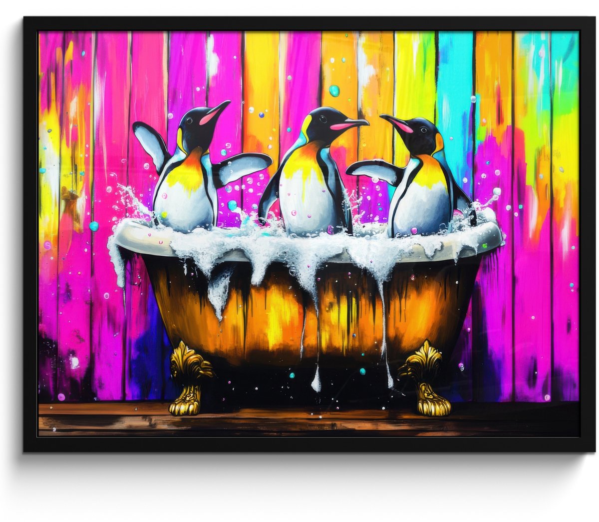 FrameYourWall Poster in lijst - Fotolijst 70x50 cm - Posters - Pinguïns - Badkuip - Kleurrijk - Schuim - Posterlijst zwart - Decoratie - Wanddecoratie woonkamer - Muurdecoratie slaapkamer