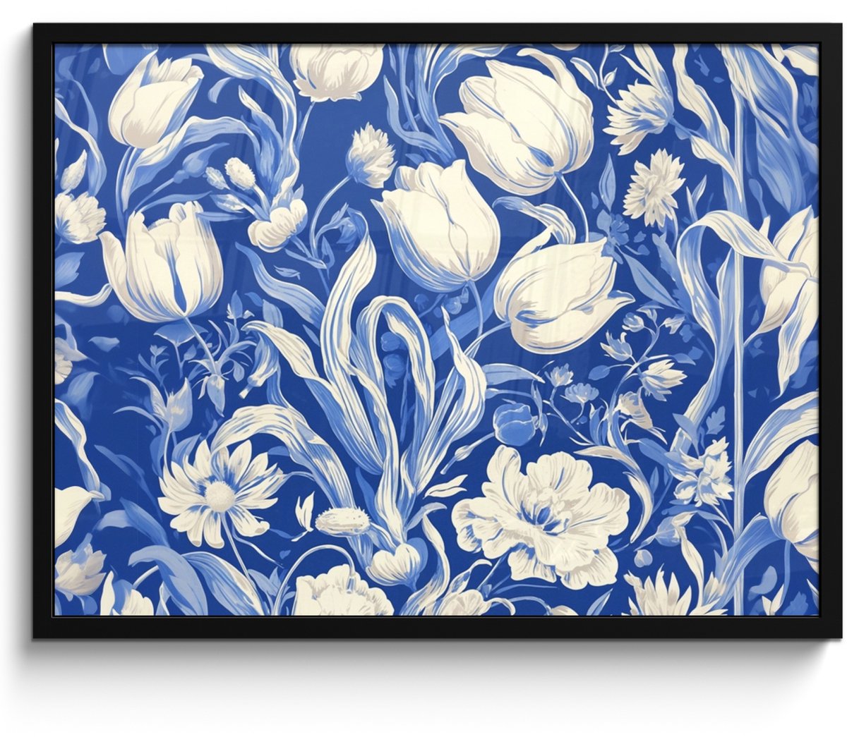 FrameYourWall Poster in lijst - Fotolijst 70x50 cm - Posters - Bloemen - Delfts Blauw - Patroon - Tulp - Posterlijst zwart - Decoratie - Wanddecoratie woonkamer - Muurdecoratie slaapkamer Bloemen - Tulpen