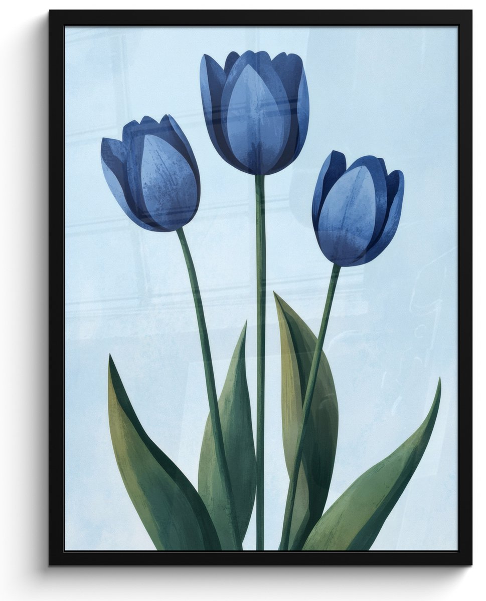 FrameYourWall Poster in lijst - Fotolijst 50x70 cm - Posters - Tulpen - Blauw - Bladeren - Posterlijst zwart - Decoratie - Wanddecoratie woonkamer - Muurdecoratie slaapkamer