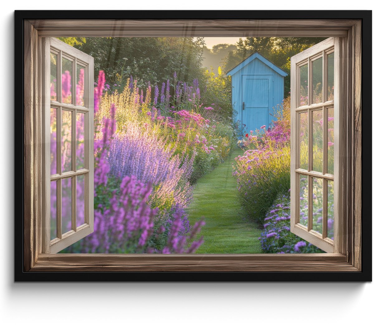 FrameYourWall Poster in lijst - Fotolijst 70x50 cm - Posters - Doorkijk - Bloemen - Raam - Natuur - Posterlijst zwart - Decoratie - Wanddecoratie woonkamer - Muurdecoratie slaapkamer Lavendel - Tuin