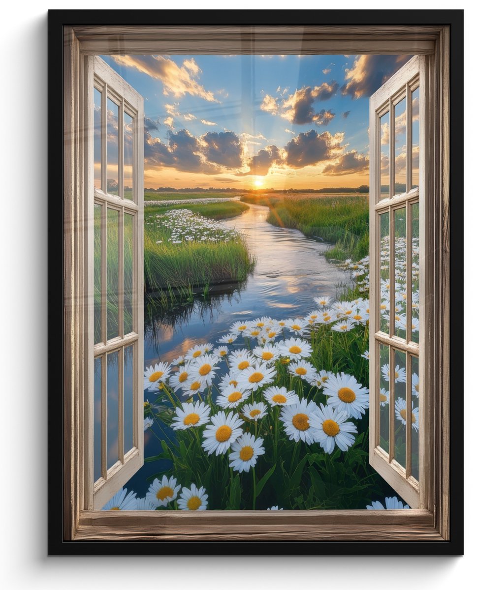 FrameYourWall Poster in lijst - Fotolijst 50x70 cm - Posters - Doorkijk - Landschap - Raam - Water - Zonsondergang - Posterlijst zwart - Decoratie - Wanddecoratie woonkamer - Muurdecoratie slaapkamer Landschap - Water