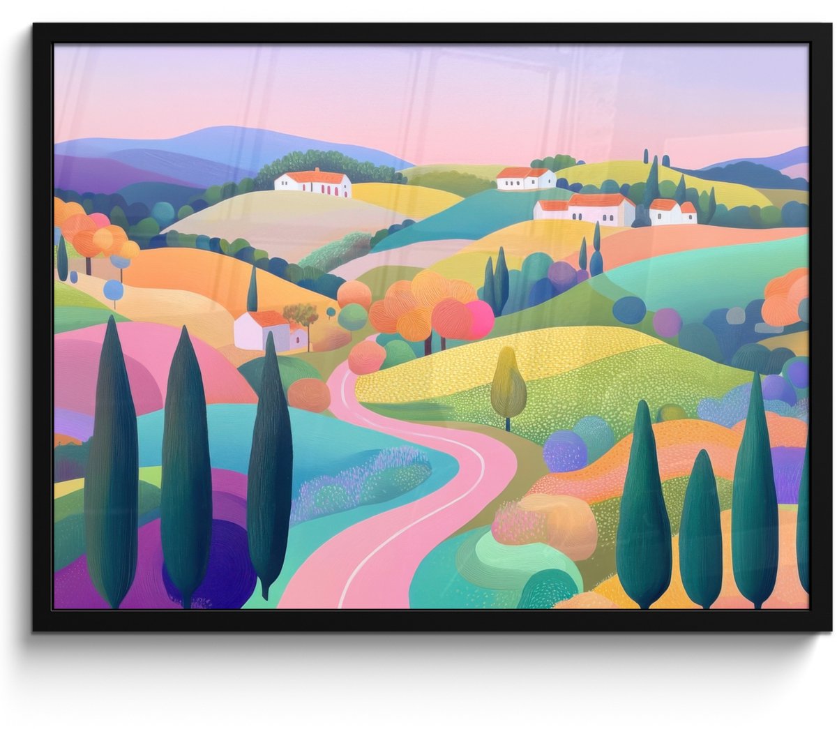 FrameYourWall Poster in lijst - Fotolijst 70x50 cm - Posters - Landschap - Paars - Pastel - Huizen - Posterlijst zwart - Decoratie - Wanddecoratie woonkamer - Muurdecoratie slaapkamer landschap - Pastel