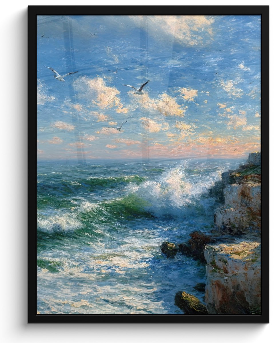 FrameYourWall Poster in lijst - Fotolijst 50x70 cm - Posters - Zee - Golven - Rotsen - Meeuwen - Posterlijst zwart - Decoratie - Wanddecoratie woonkamer - Muurdecoratie slaapkamer