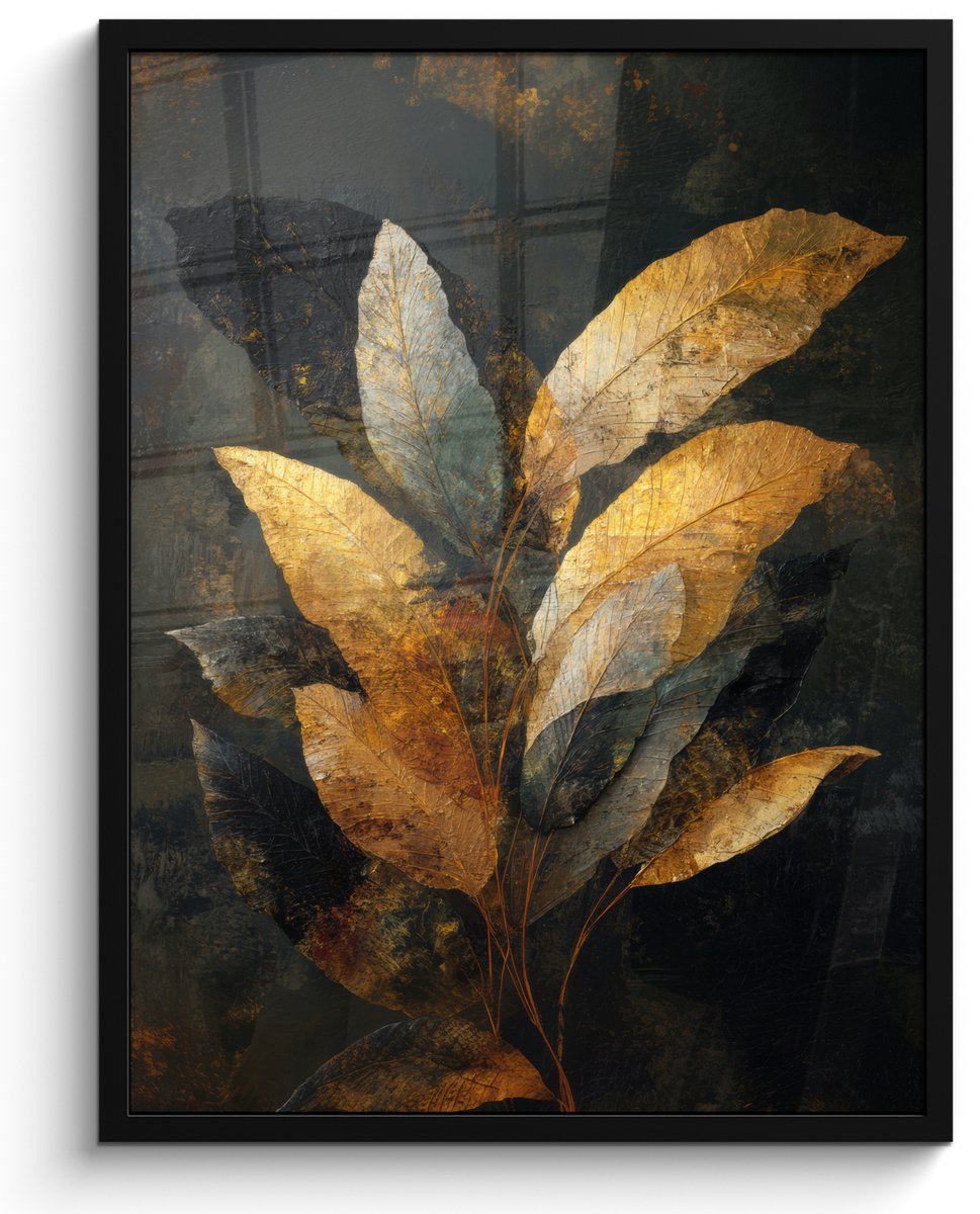 FrameYourWall Poster in lijst - Fotolijst 50x70 cm - Posters - Gouden Bladcompositie – Botanische Luxe - Posterlijst zwart - Decoratie - Wanddecoratie woonkamer - Muurdecoratie slaapkamer Bladeren - Goud - Luxe
