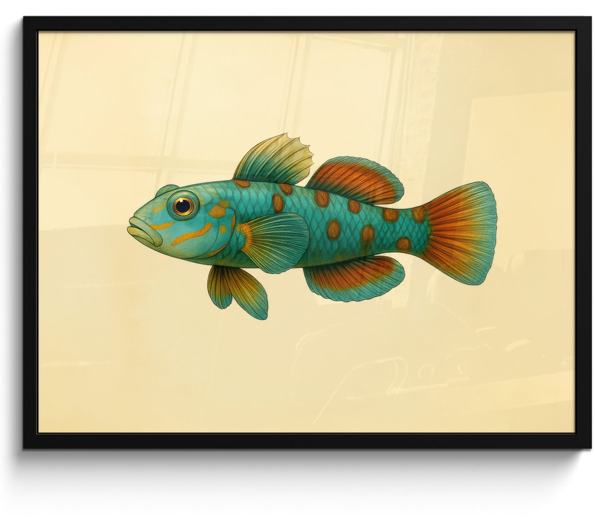 FrameYourWall Poster in lijst - Fotolijst 70x50 cm - Posters - Vis - Blauw - Stippen - Schubben - Posterlijst zwart - Decoratie - Wanddecoratie woonkamer - Muurdecoratie slaapkamer Vis - Stippen