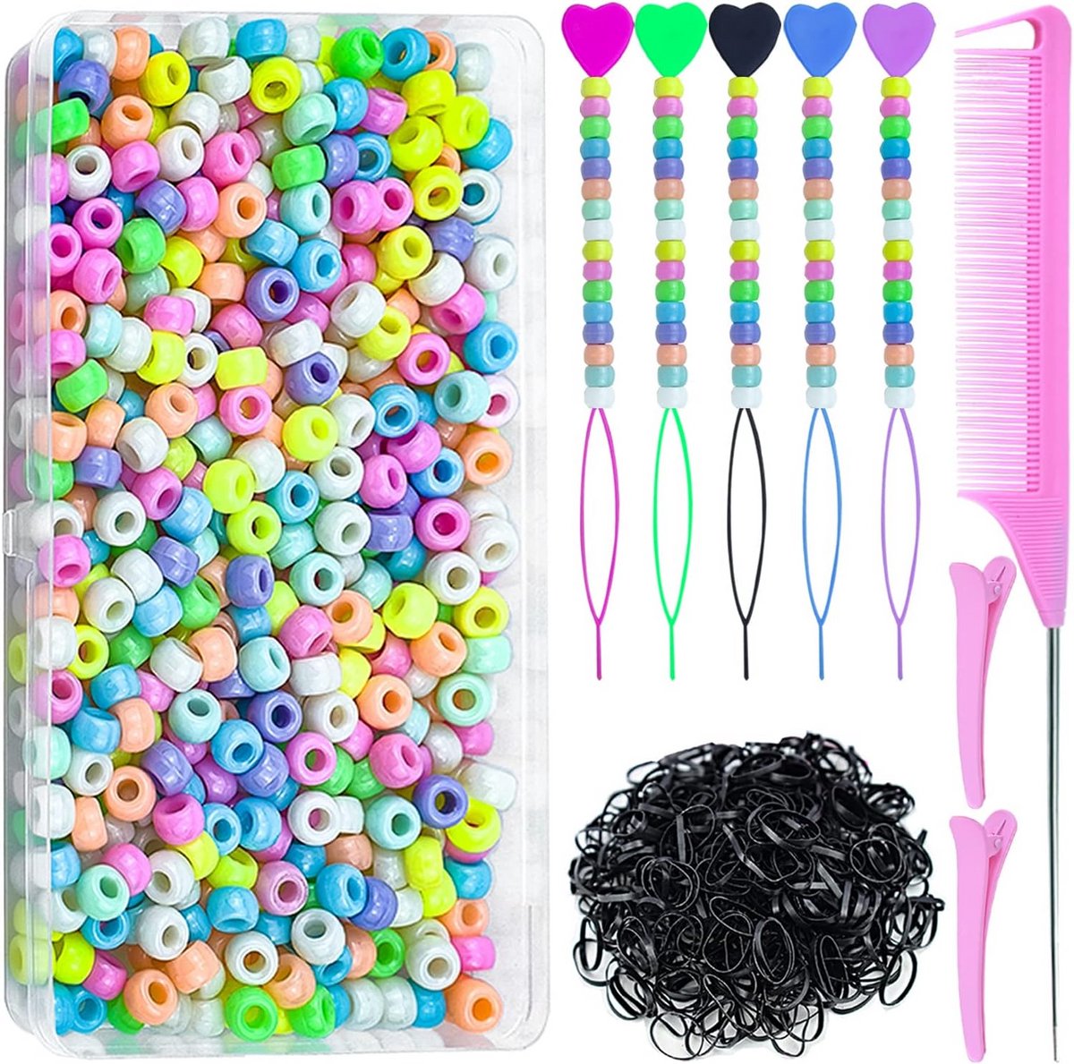 Grote Set Haar Styling Accessoires met Vlechtkralen, Elastiekjes en Gereedschap