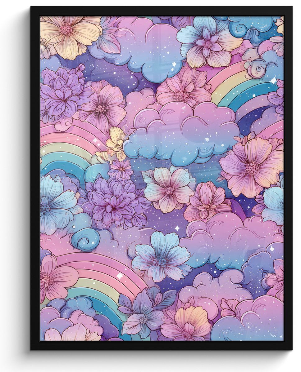 FrameYourWall Poster in lijst - Fotolijst 50x70 cm - Posters - Regenbogen - Bloemen - Kleurrijk - Wolken - Posterlijst zwart - Decoratie - Wanddecoratie woonkamer - Muurdecoratie slaapkamer