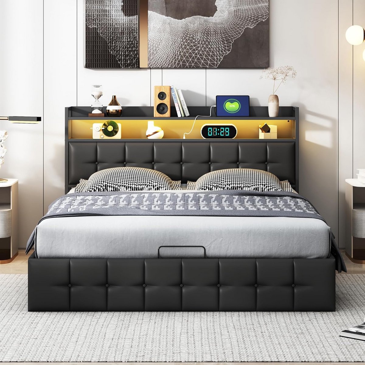 Tweepersoons Bed 160x200 cm Gestoffeerd met LED, USB en Opbergruimte
