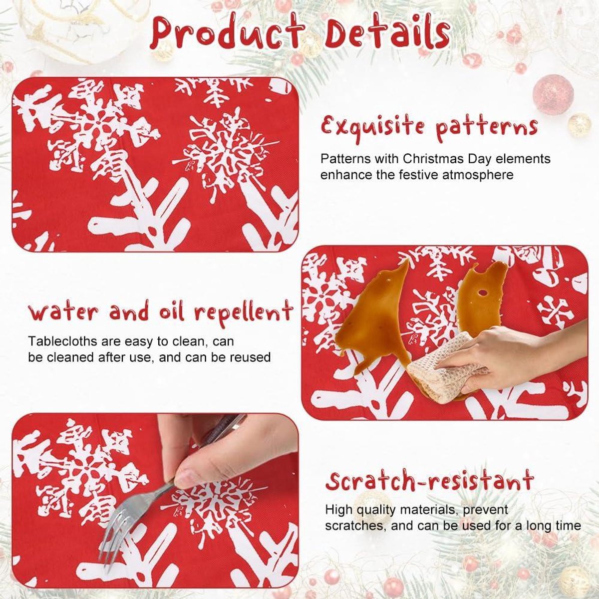 Kersttafelkleed met winterthema, rood met sneeuwpop en bomen, 140 x 180 cm.