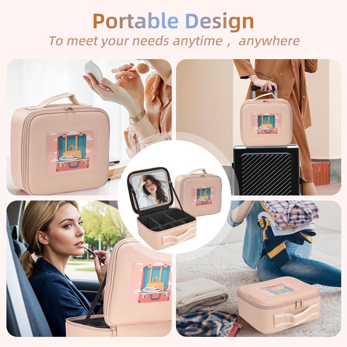 Draagbare Make-up Tas met Verstelbare LED Spiegel en Vakverdeling