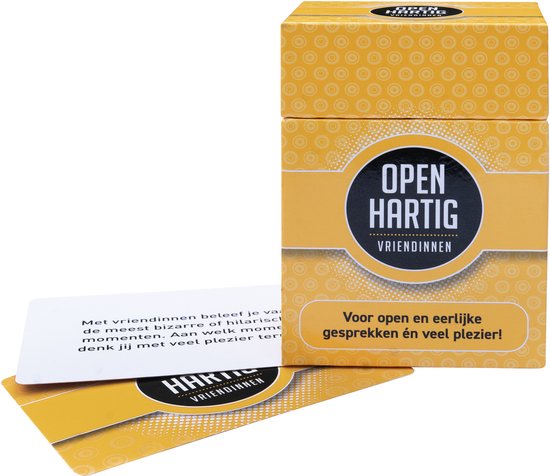 Gele doos met cirkelpatroon, opschrift 'Open Hartig Vriendinnen'. Kaarten met tekst voor open en eerlijke gesprekken.