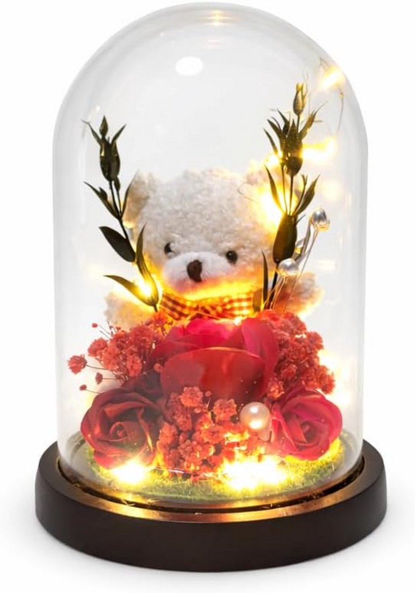 Decoratieve Kunstbloemen in Glazen Koepel met Sfeervolle LED Verlichting voor Woondecorati
