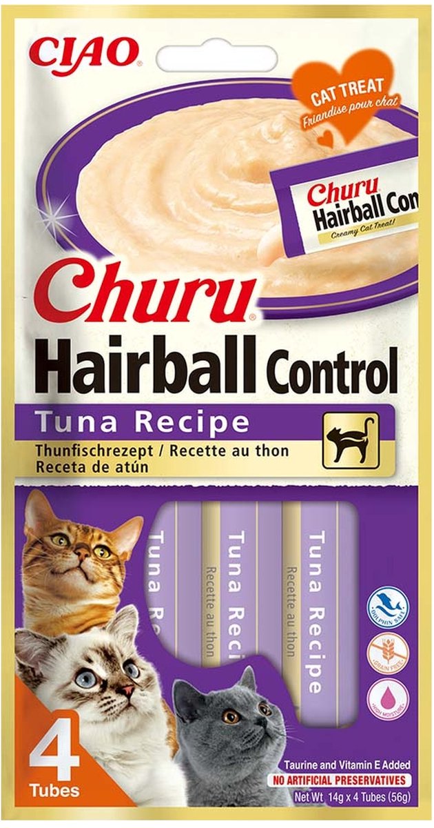 Kattensnack Inaba Churu Hairball - Romige Tonijn in Verdeelzakjes - 4x14gr