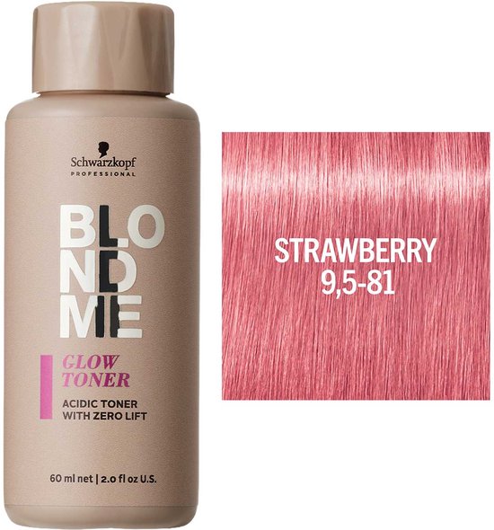 Beige flesje haarkleurcrème 'BLONDME GLOW TONER' naast een voorbeeld van strawberry roze haar.