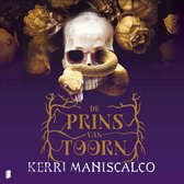 Een schedel met een gele slang eromheen, omringd door goudkleurige bloemen op een paarse achtergrond. Titel: De prins van Toorn.