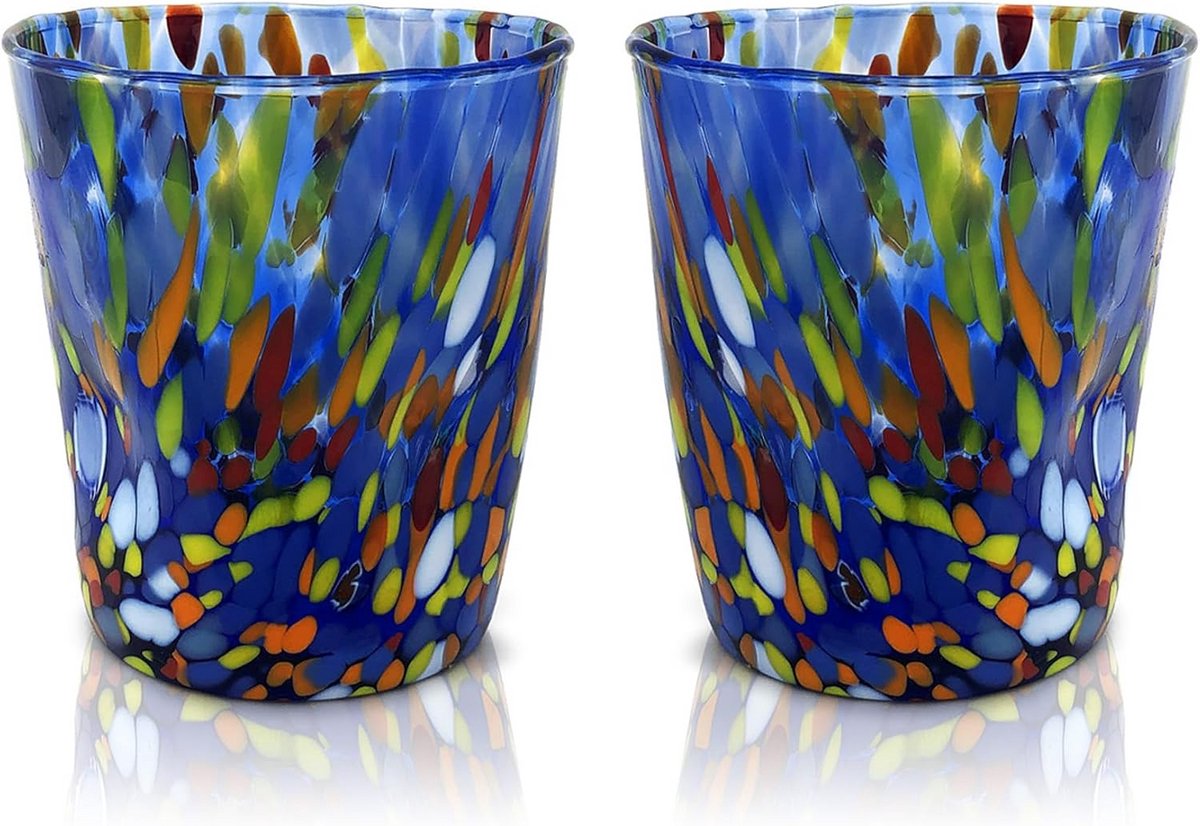 Set van 2 Handgemaakte Drinkglazen van Mondgeblazen Glas - Unieke Murano Stijl Kleuren