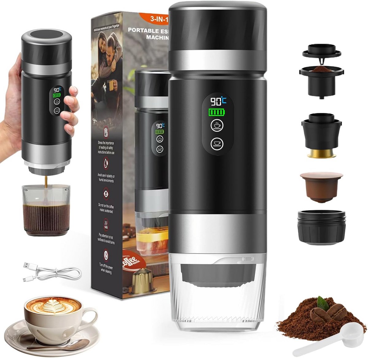 Draagbare Mini Koffiezetapparaat op Batterij voor Auto en Camping - 90 ml - 3-in-1 Espresso