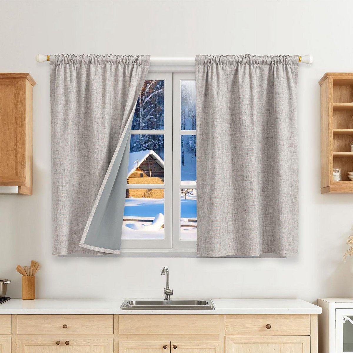 Set van 2 Verduisterende Gordijnen 120x90 cm Grijs-Wit Linnenlook Inclusief Plooiband