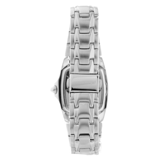 Zij-aanzicht van een zilverkleurig Chronotech dameshorloge met metalen band.