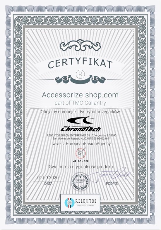 Certificaat met logo's van Chronotech, Accessorize-shop.com en Relojitos. Gedateerd 01.09.2020.