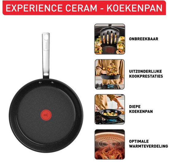 Zwarte koekenpan met zilverkleurige steel. Rechts vier afbeeldingen van de pan en de tekst: ONBREEKBAAR, UITZONDERLIJKE KOOKPRESTATIES, DIEPE KOOKPAN, OPTIMALE WARMTEVERDELING.