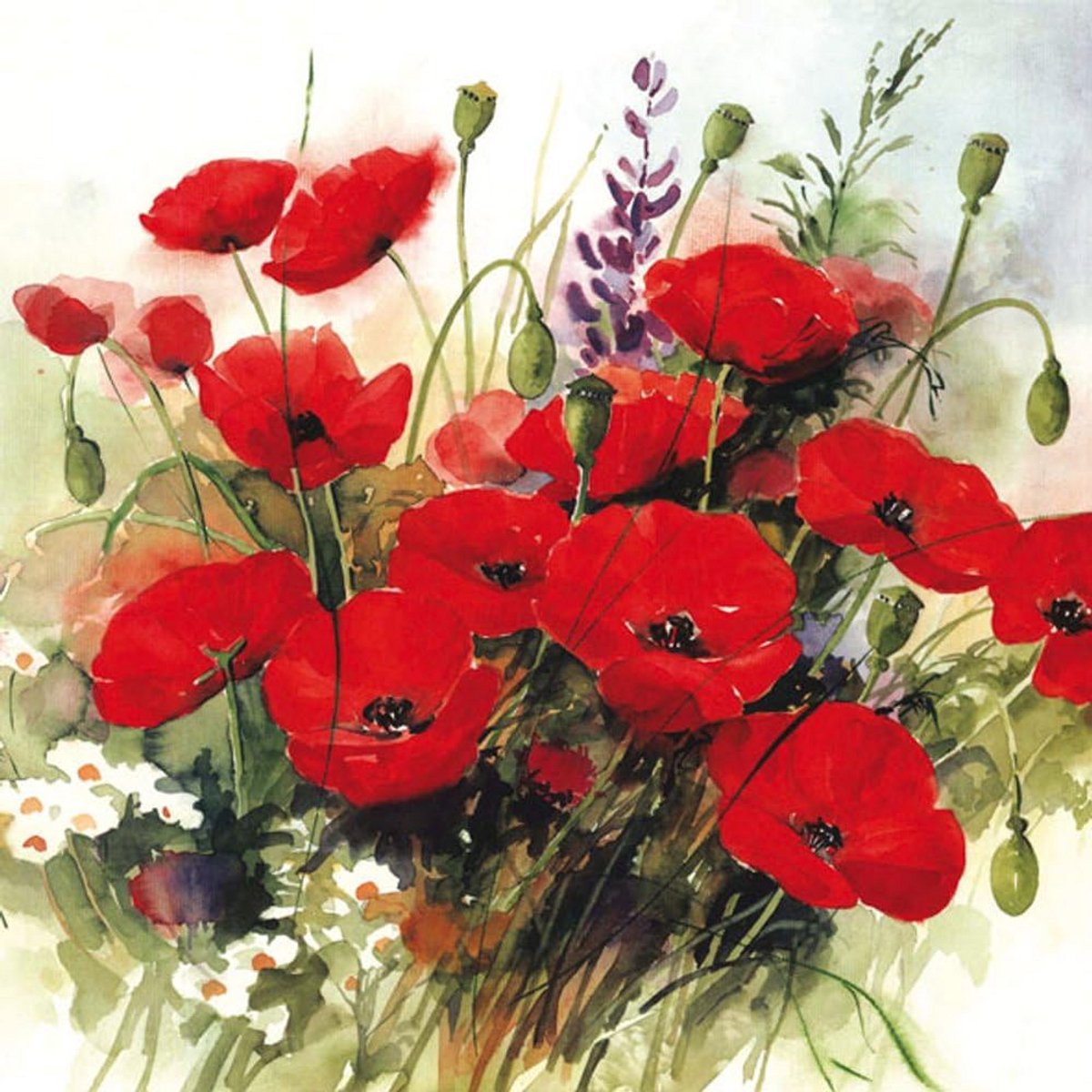 Luxe 3-laags papieren servetten met Wild Poppies print - 20 stuks