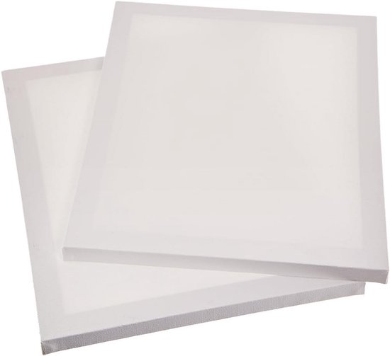 Twee witte, vierkante schildersdoeken op een houten frame, op elkaar gestapeld.