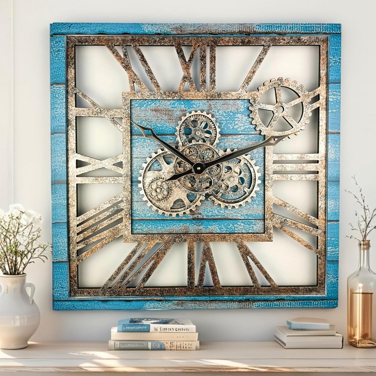 Grote Vierkante Wandklok met Echte Draaiende Tandwielen - Vintage Industrieel Design 61 cm