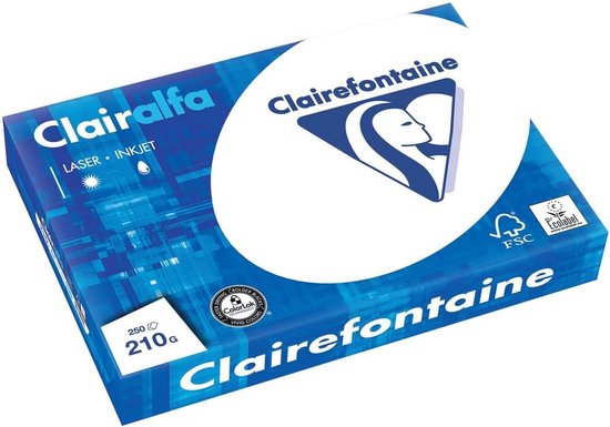 Clairefontaine Clairalfa Laser/Inkjet papier, 210g, 250 vel. Wit met blauw geometrisch design.