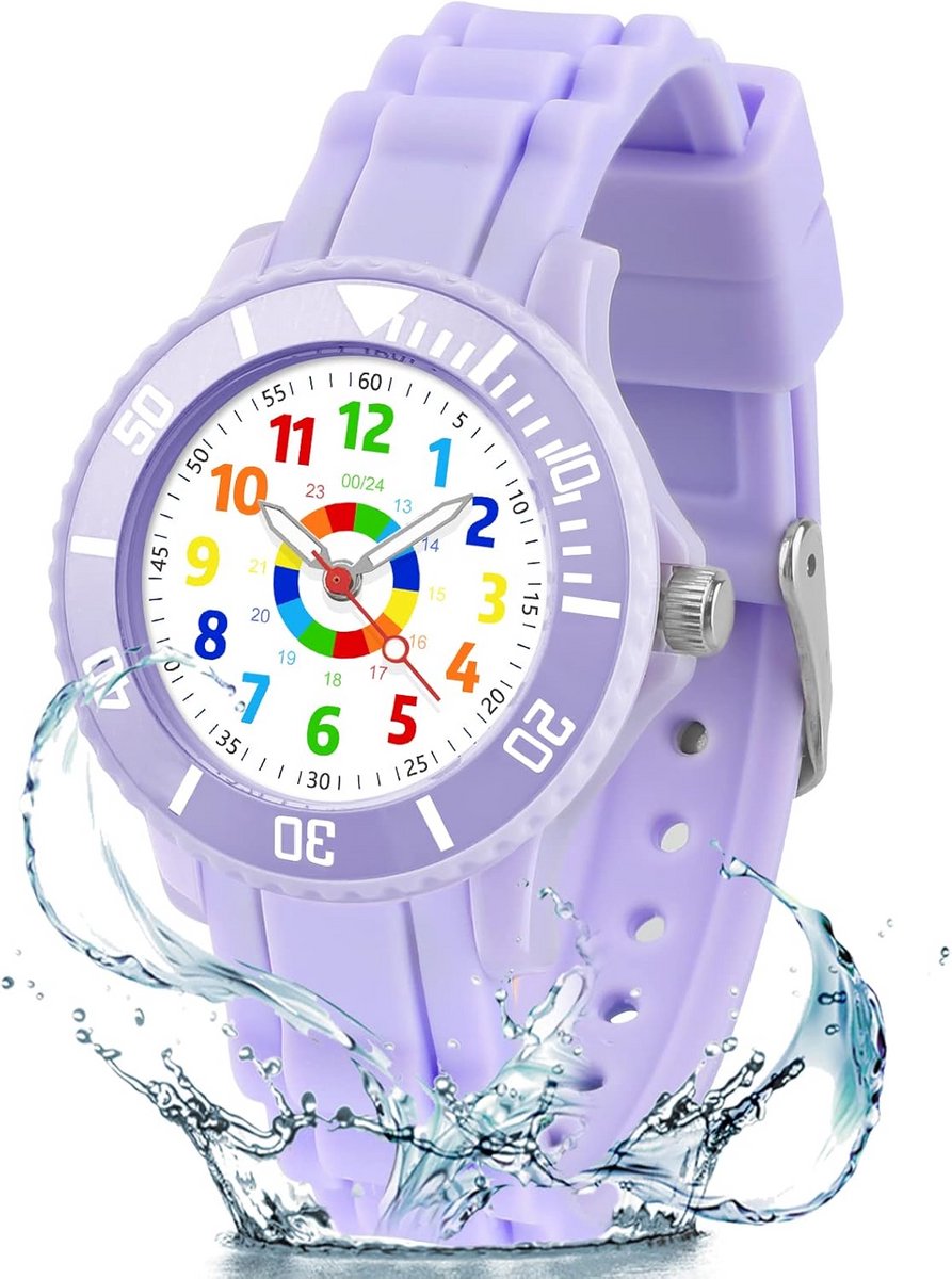 Analoog Kinderhorloge Paars Leer met Draaibare Wijzerplaat voor Jongens en Meisjes