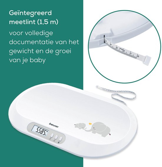 Beurer BY 90 Babyweegschaal - Bluetooth® - Automatische hold functie - Tarra - Groot LCD display - Gebogen weegvlak - Tot 20 kg - Op 5 gram nauwkeurig - Geïntegreerd meetlint - Gratis beurer BabyCare app - Incl. batterijen - 3 Jaar garantie