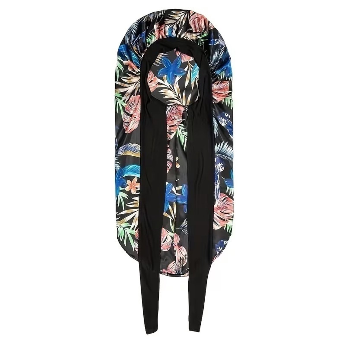 Satijnen haar bonnet met tropische bloemenprint – uniseks lange slaapmuts met zwarte linten – beschermende satijnen haarmuts voor lang haar, vlechten en krullen – antikroes slaap cap