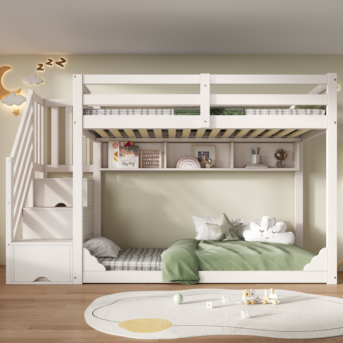 Sweiko Stapelbed - 90x200 cm - Opbergruimte - Boekenplank - Kinderbed - Wit