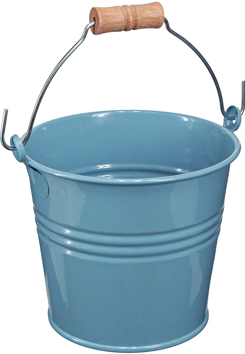 Decoratieve emmer, metaal, houten handvat, bloempot, blauw, 16 cm hoog