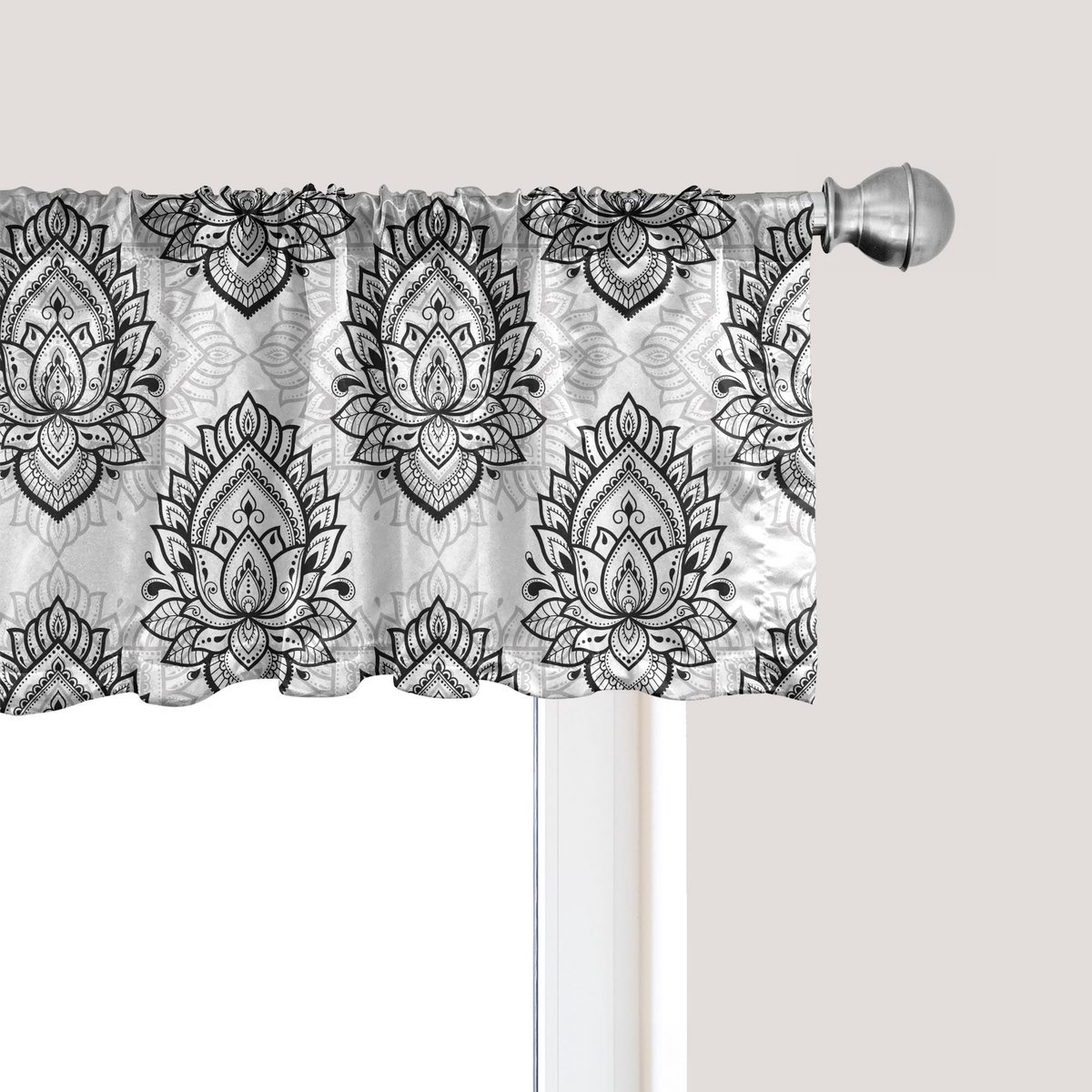 ABAKUHAUS Etnische raamvalance, Gordijnvalance voor keuken en slaapkamer met tunnelzoom, 137 cm x 30 cm, Wit en Donkergrijs