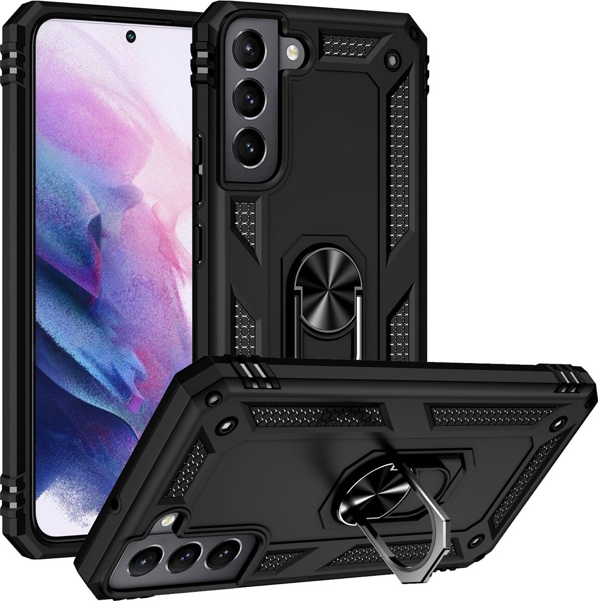 Mobigear Hoesje geschikt voor Samsung Galaxy S22 Telefoonhoesje Hardcase | Mobigear Armor Ring Backcover Shockproof met Ringhouder | Schokbestendig Galaxy S22 Telefoonhoesje | Anti Shock Proof - Zwart